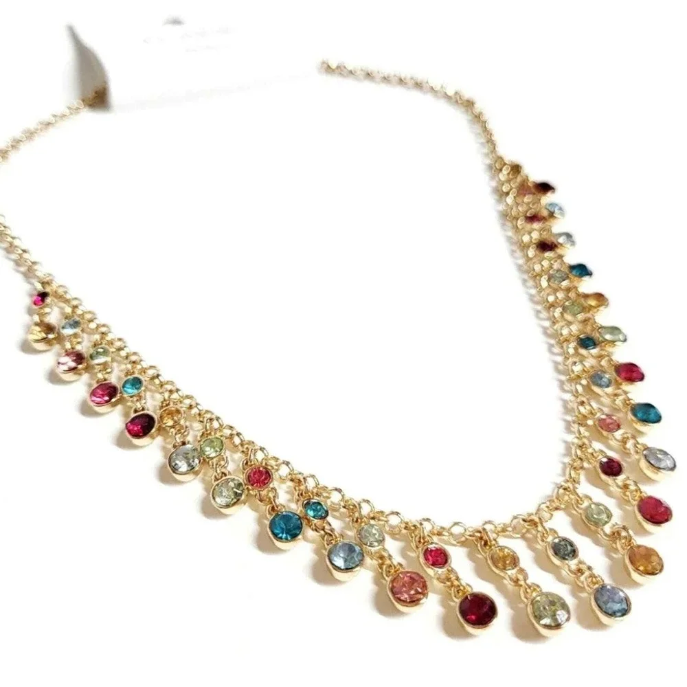 J. Crew Gold Tone Multicolor Crystal Fringe‎ Dangle Statement Necklace NEW